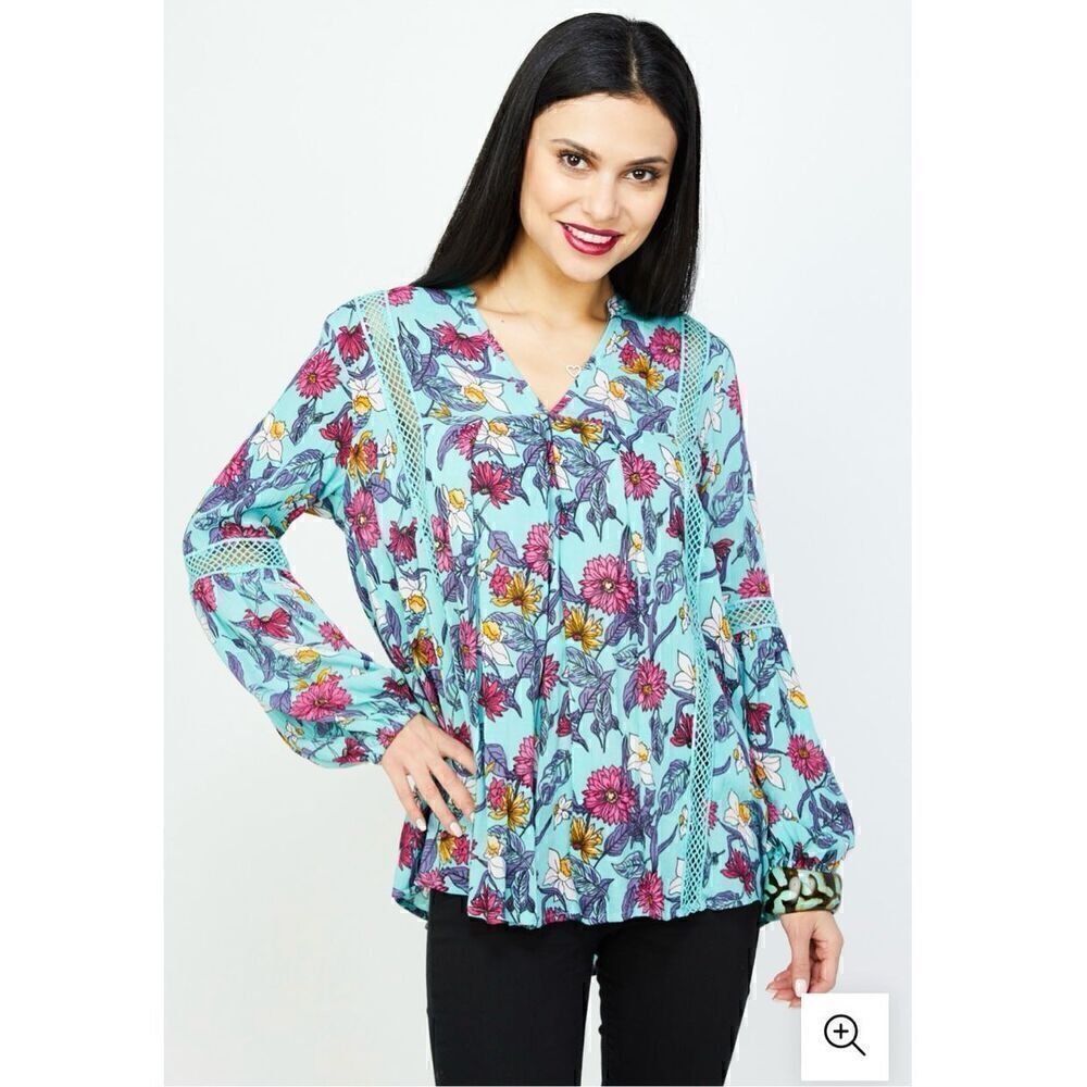 RD + Koko Anthropologie Blue Long Sleeved Teal Floral Printed Top”